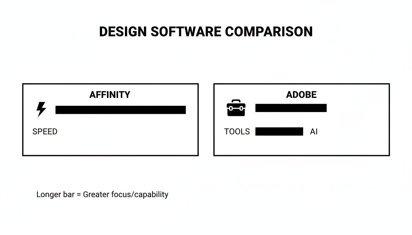 A comparison chart of design software, Affinity versus Adobe, highlighting speed, tools, and AI capabilities.