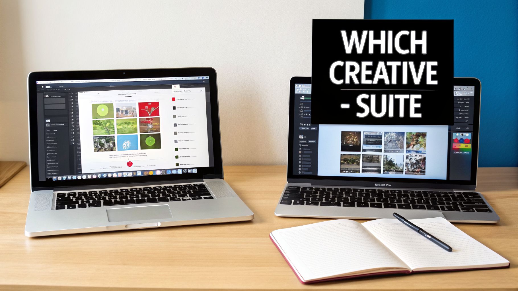 Two laptops displaying creative software, one asking 'WHICH CREATIVE -SUITE', on a wooden desk.