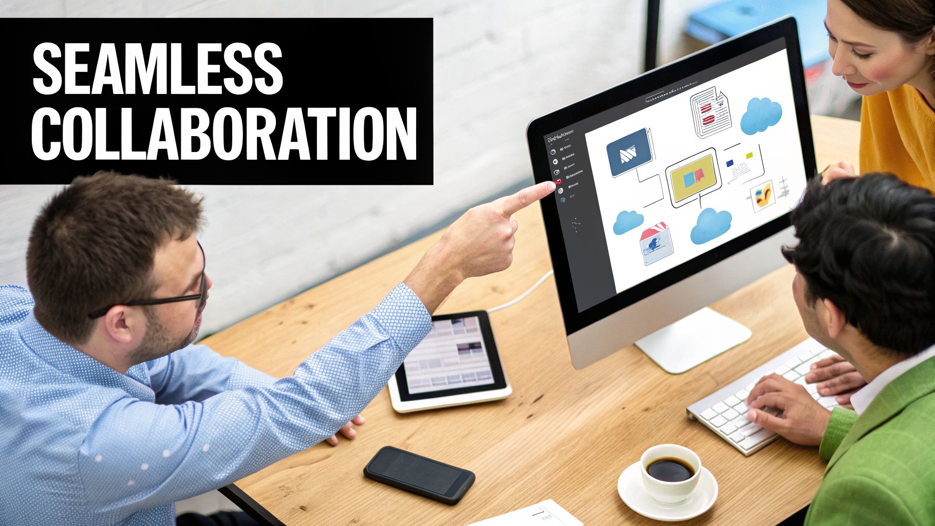 Three diverse professionals collaborate using a computer and tablet, showcasing seamless digital teamwork.