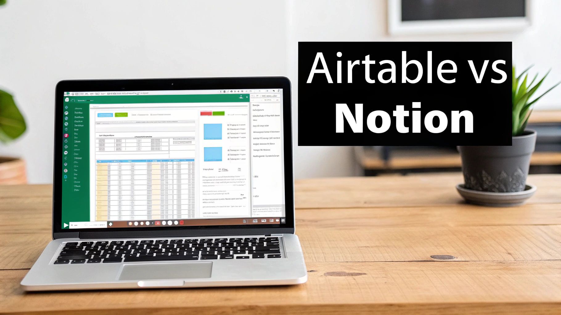 Laptop displaying Airtable spreadsheet interface with comparison text Airtable vs Notion on wooden desk