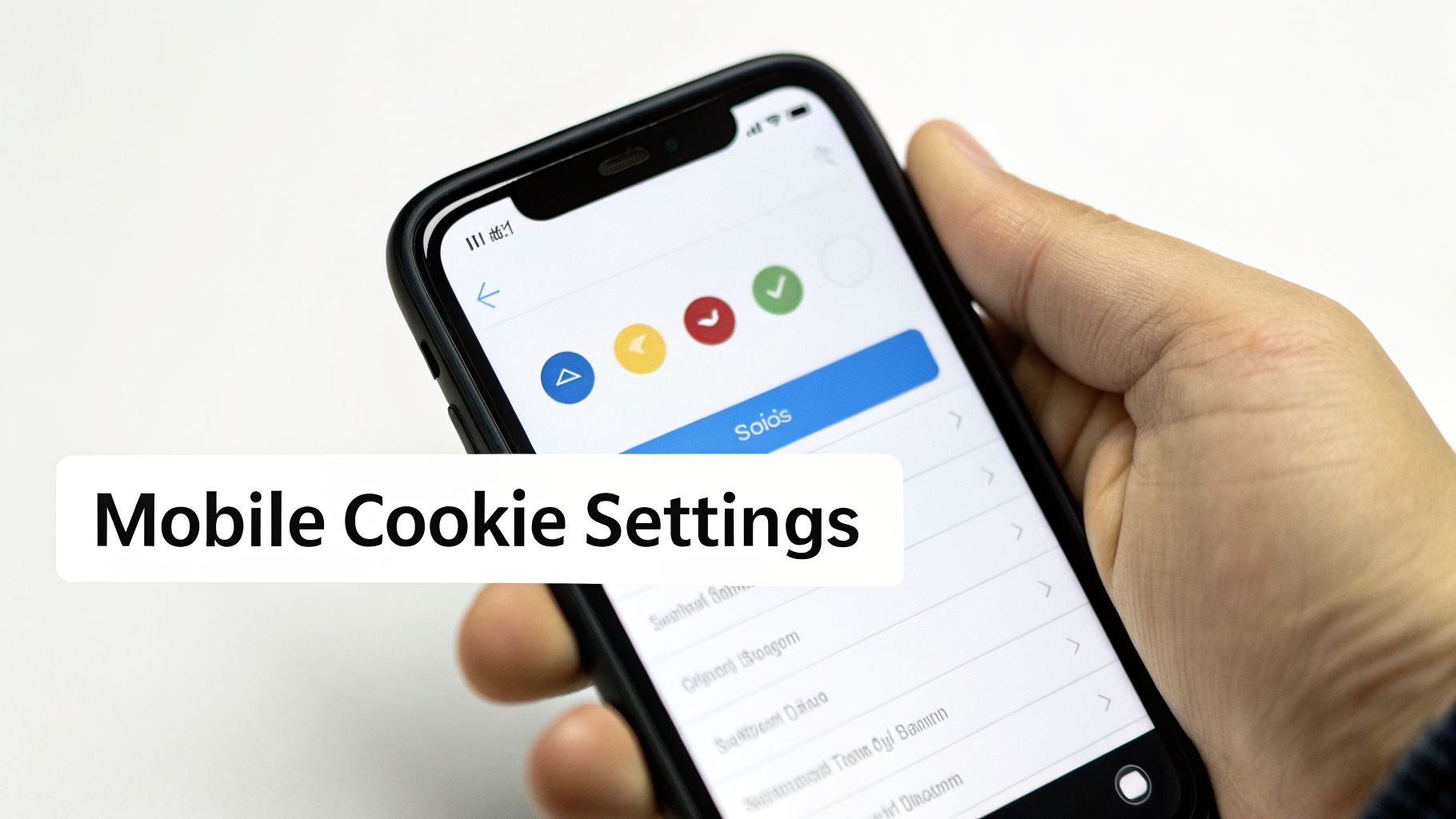 A hand holds a smartphone displaying mobile cookie settings with colorful options and list items.