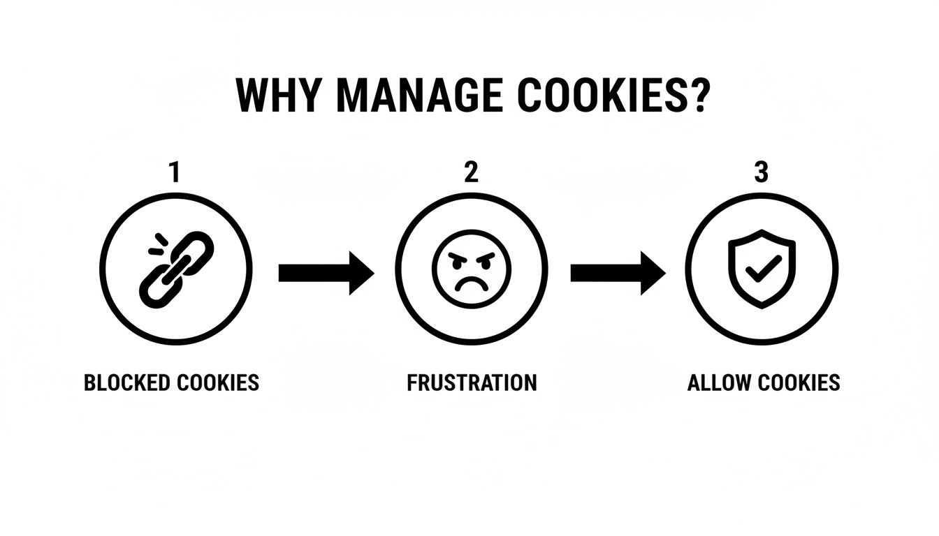 Illustrates why managing cookies is essential, showing frustration from blocked cookies, leading to allowing them.