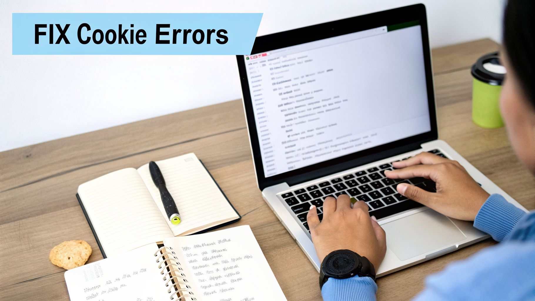 A person works on a laptop, fixing cookie errors, with notebooks, a pen, and a cookie on a wooden desk.