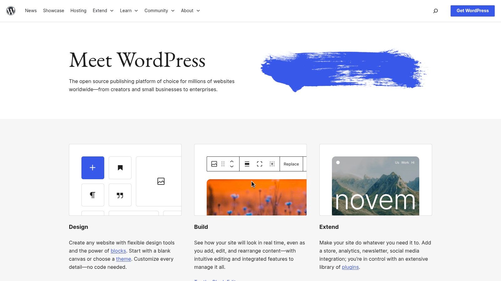 A screenshot of the WordPress.org dashboard showing the block editor, a post title, and various content blocks, highlighting its content management features.