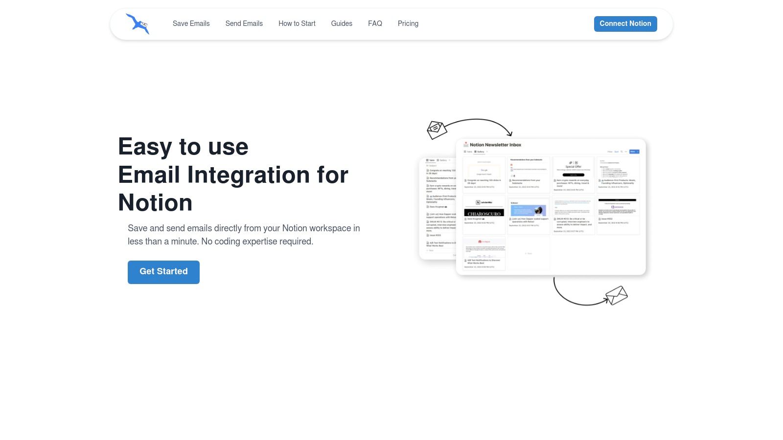 NotionSender interface showing emails organized within a Notion database