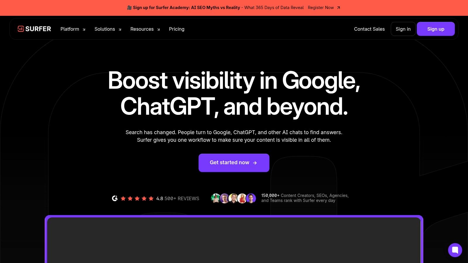 A screenshot of the Surfer SEO homepage showing its core value proposition of data-driven content optimization.