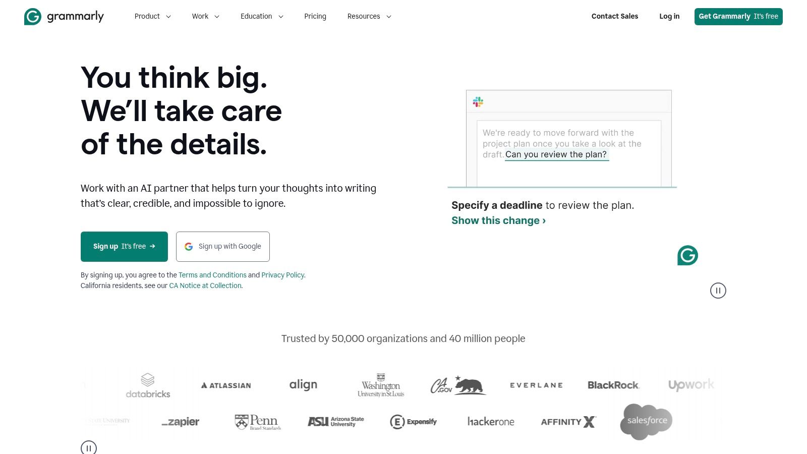 A screenshot of the Grammarly homepage displaying its AI writing assistance features and integration capabilities.
