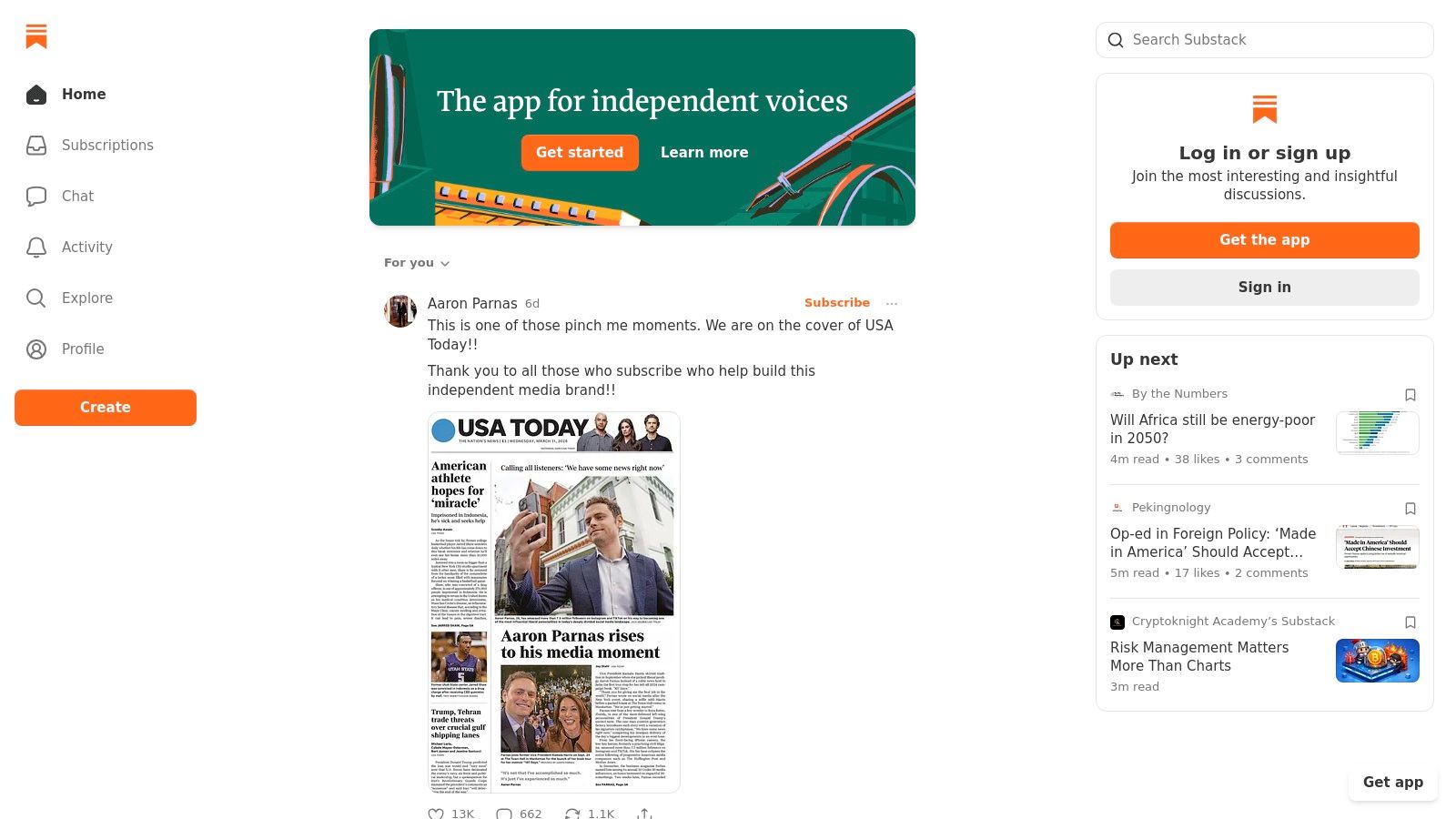A screenshot of the Substack homepage showing a clean interface with a featured publication, highlighting its focus on writer discovery and newsletters.