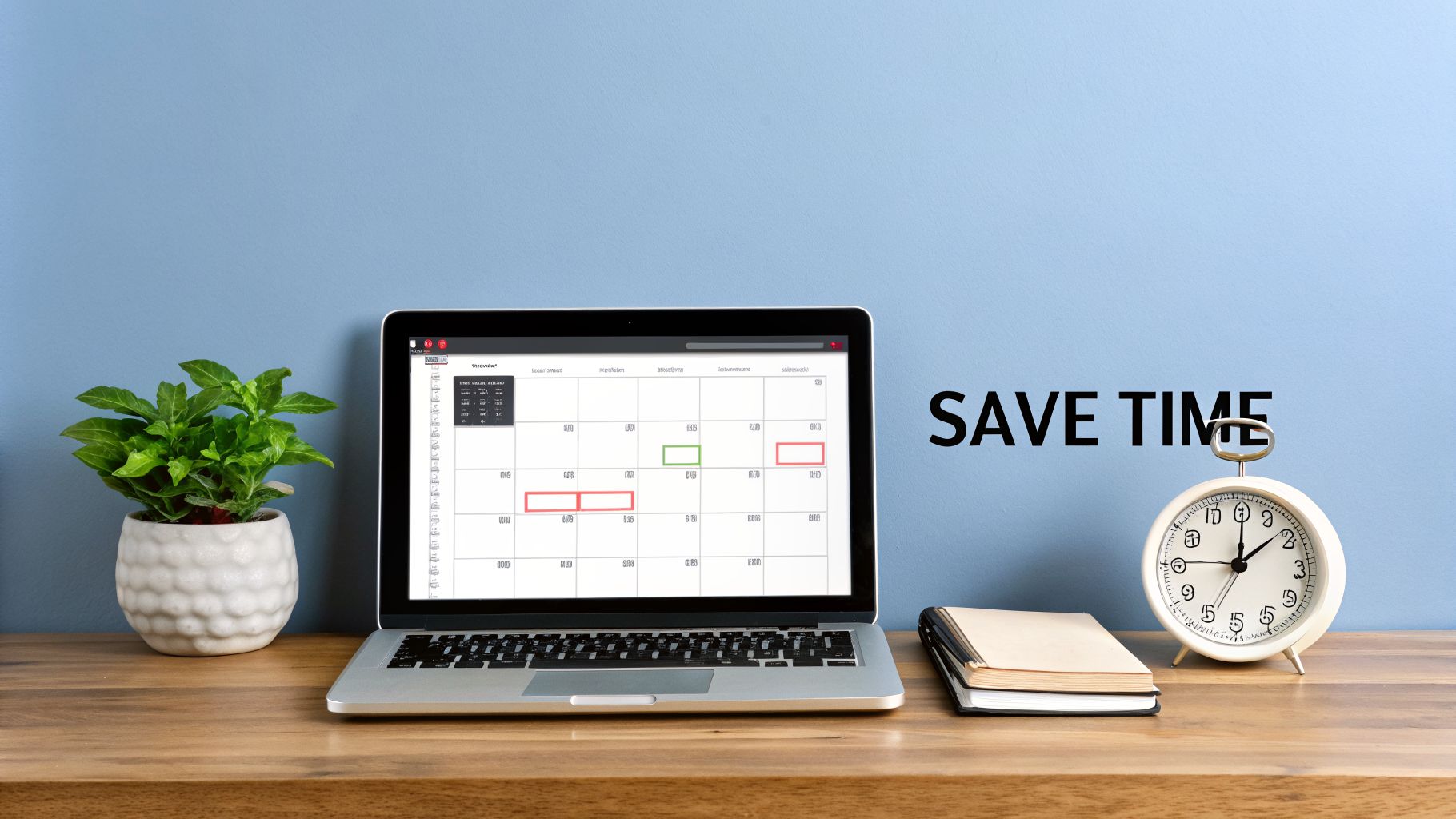 A laptop with a calendar app, a plant, notebooks, and an alarm clock on a desk with 'SAVE TIME' text.