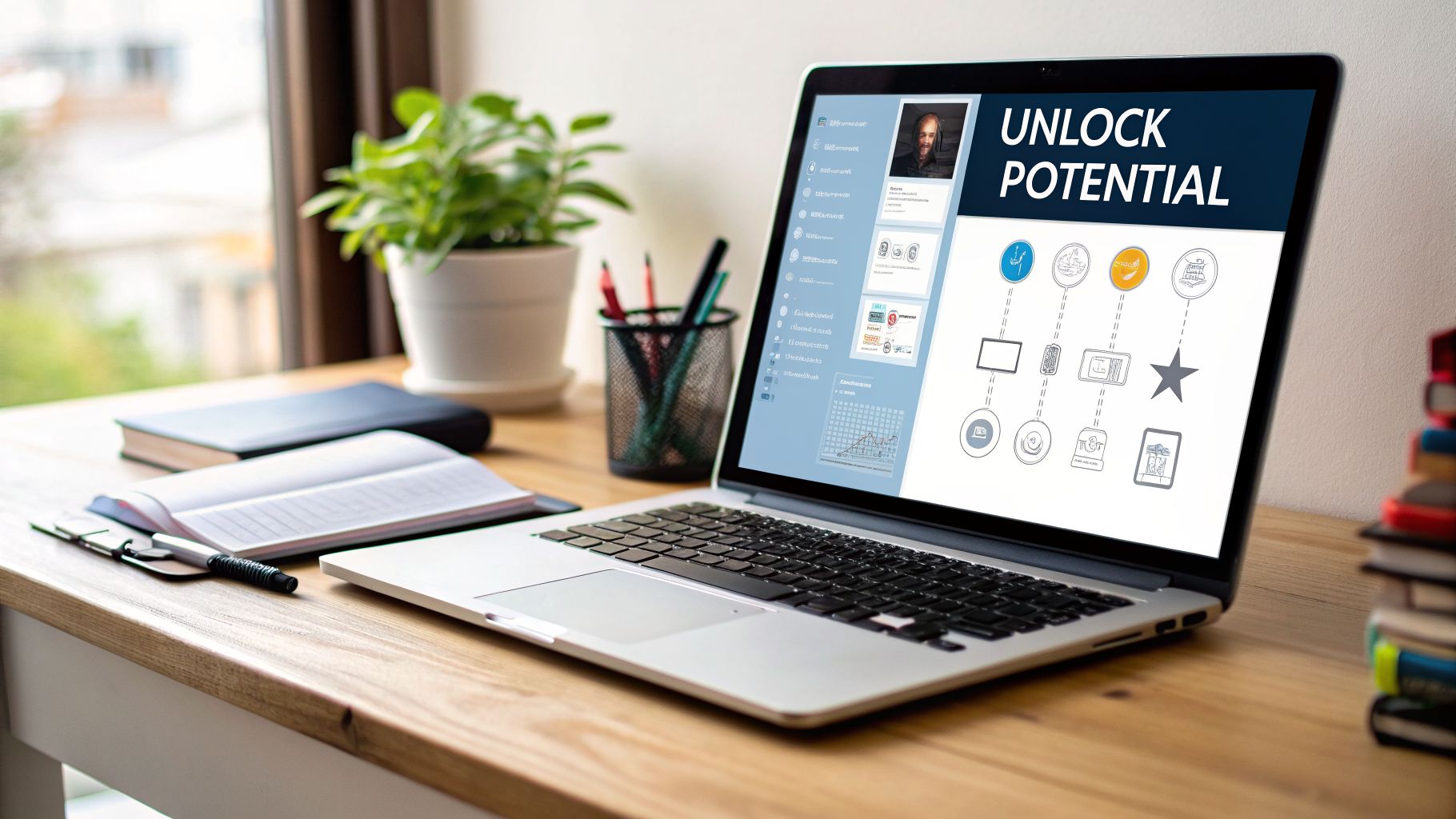 A laptop on a wooden desk displaying 'Unlock Potential' on its screen in a bright workspace.