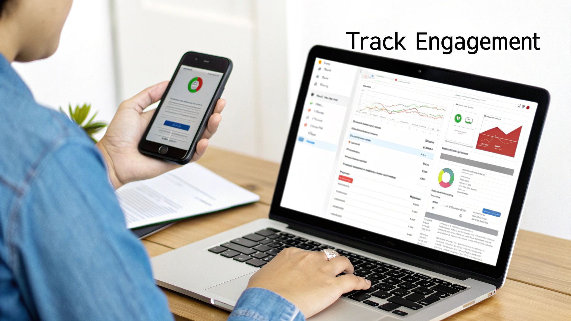 Person tracks engagement on laptop and smartphone with data analytics dashboards.