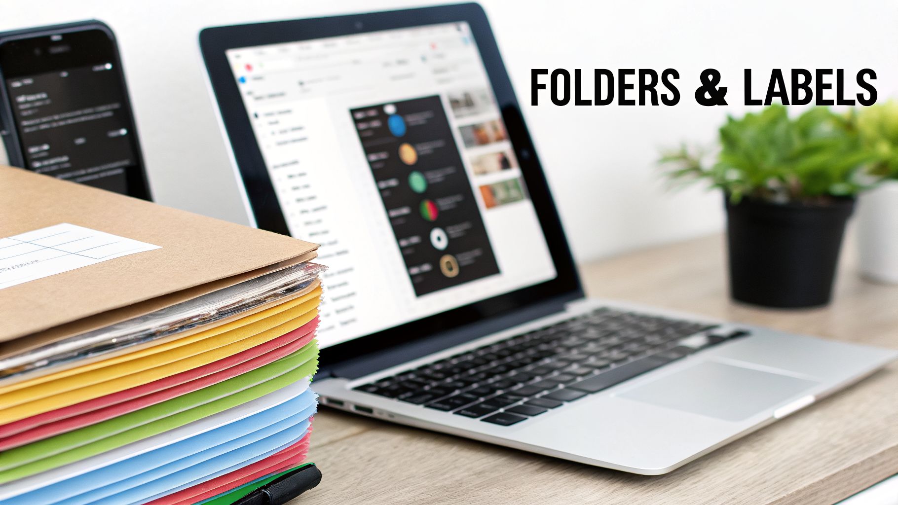 A desk with a stack of colorful file folders, a laptop displaying an email client, and a smartphone.