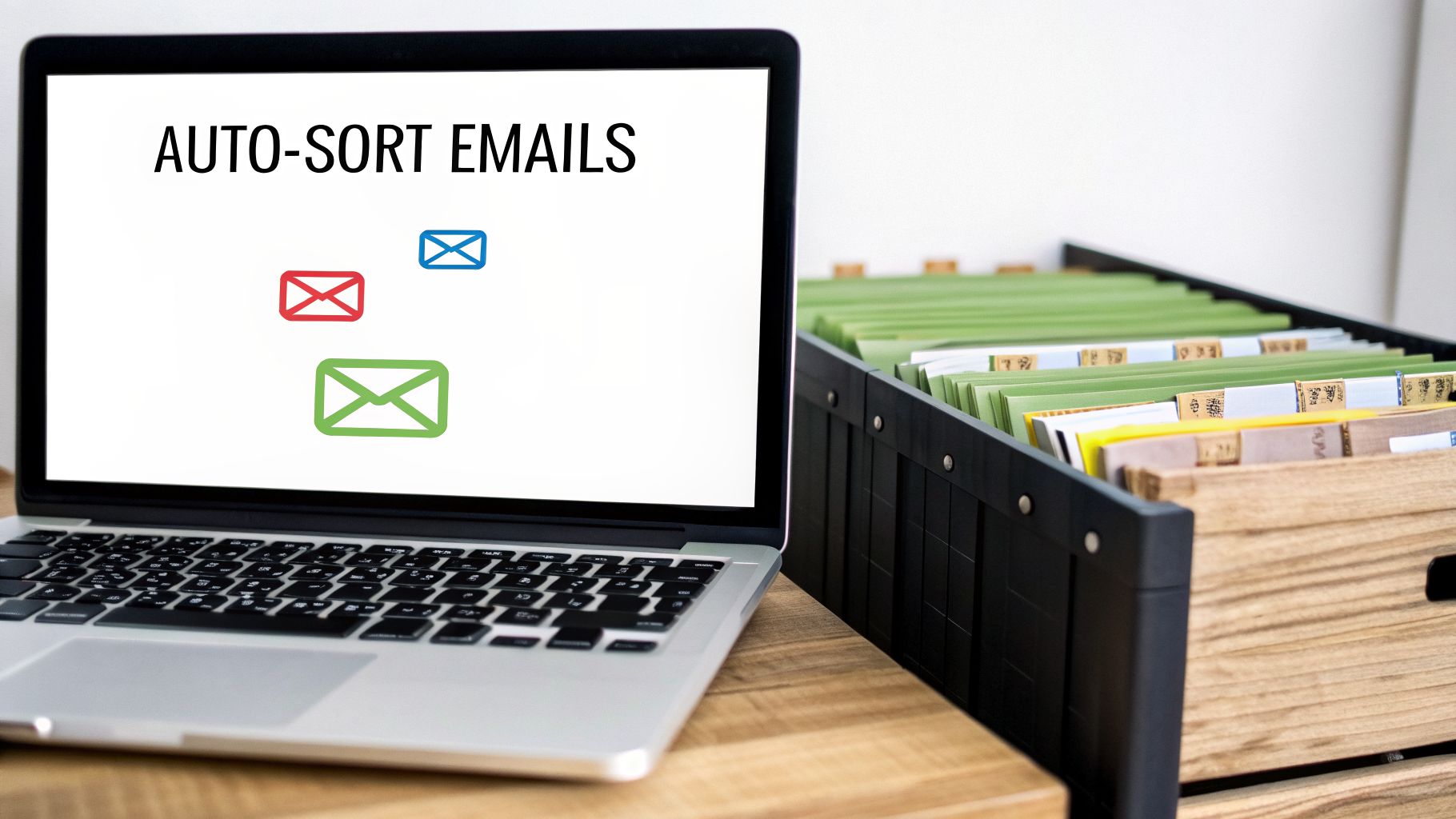 A laptop screen shows 'AUTO-SORT EMAILS' with mail icons, next to a file organizer.
