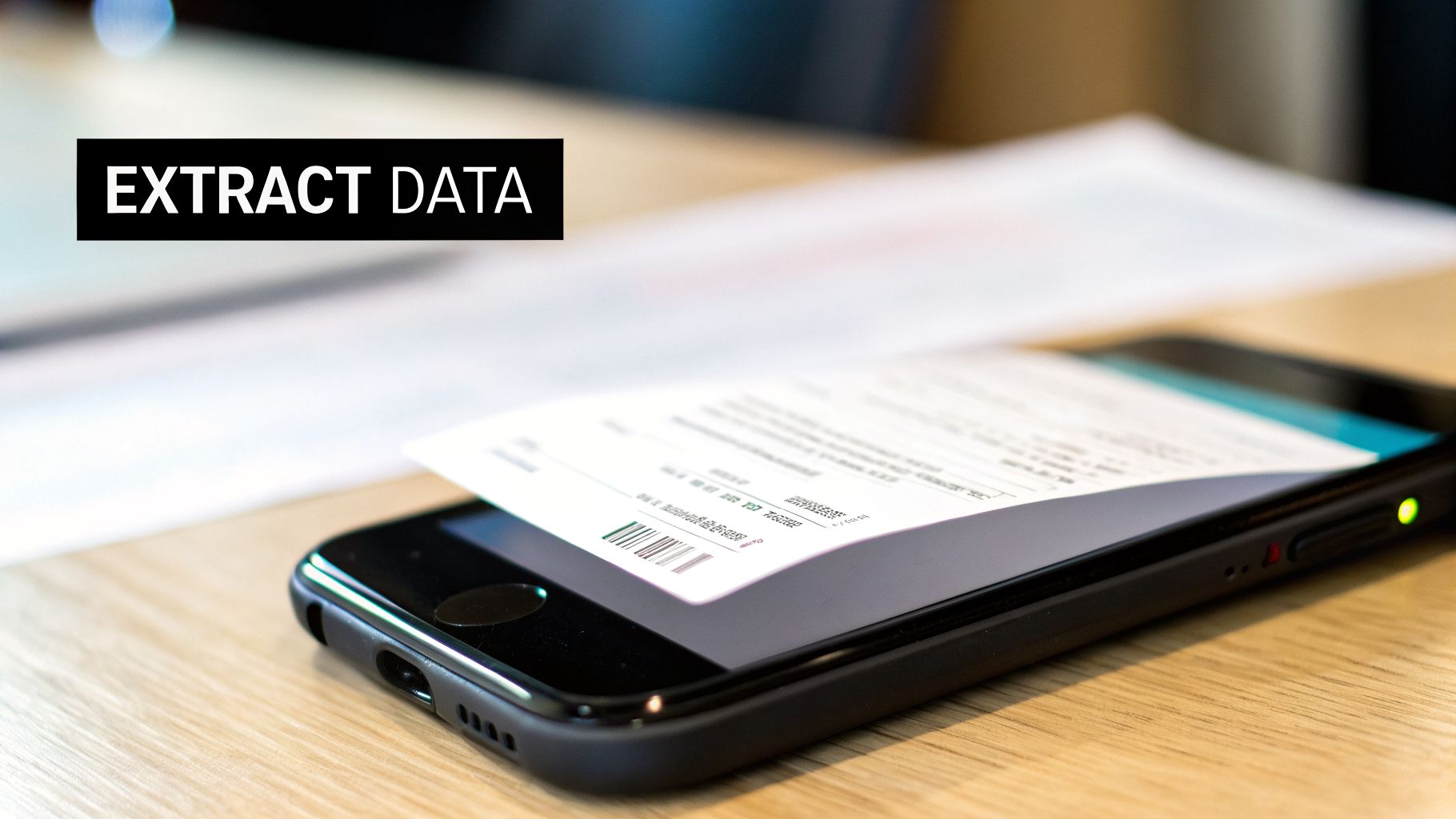 Close-up of a smartphone capturing data from a document with a barcode on a wooden desk, with 'EXTRACT DATA' text.