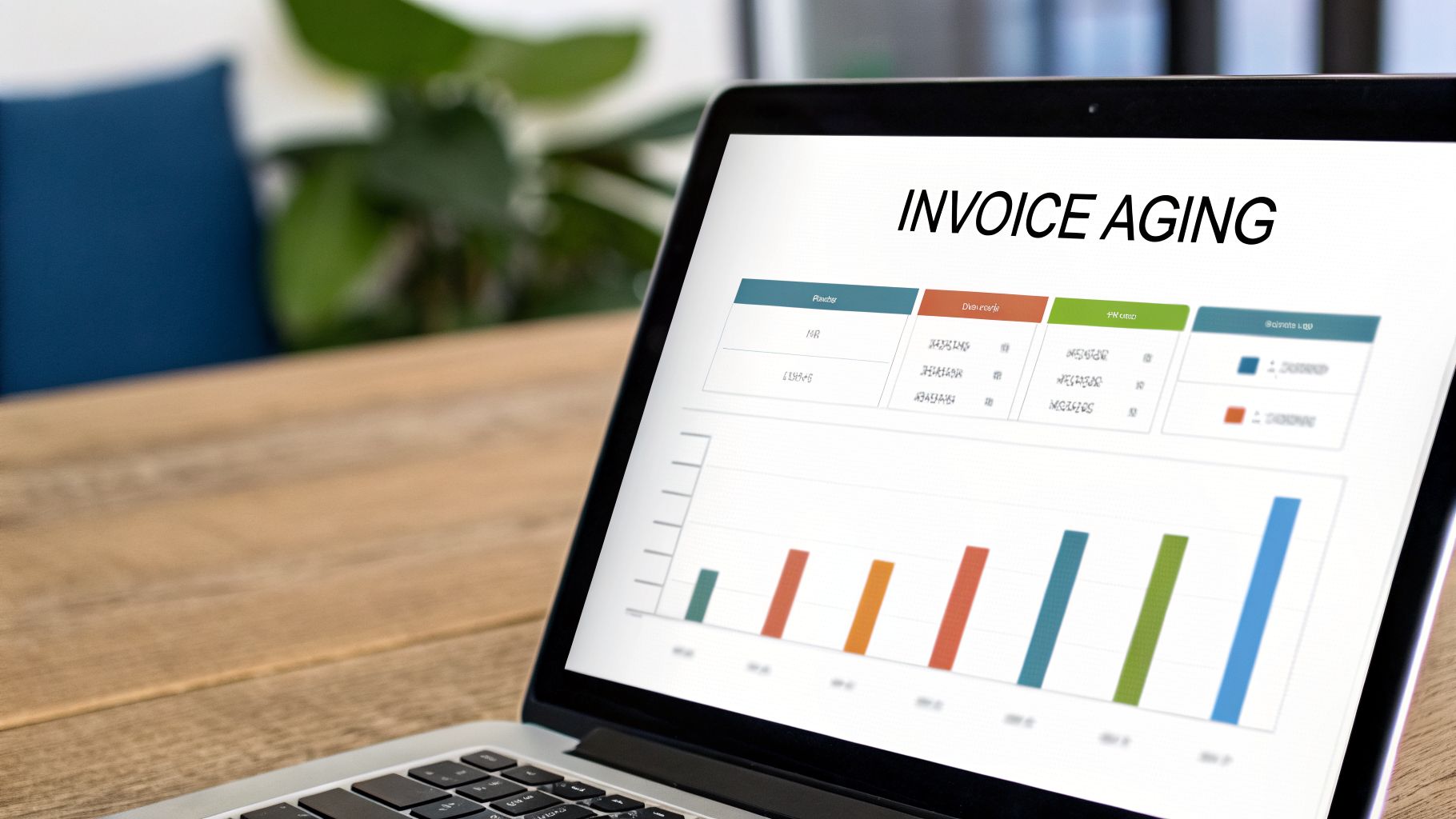 A laptop displays an 'Invoice Aging' report with a bar chart and financial data on a wooden desk.
