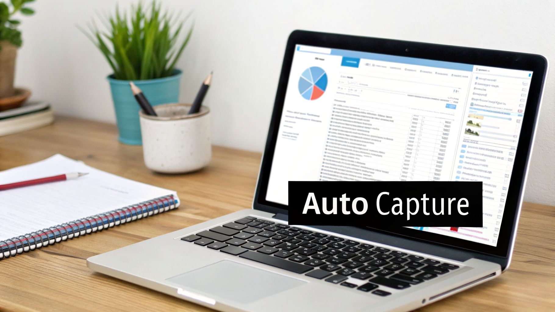 A laptop displaying data and "Auto Capture" on a wooden desk with a notebook and office supplies.