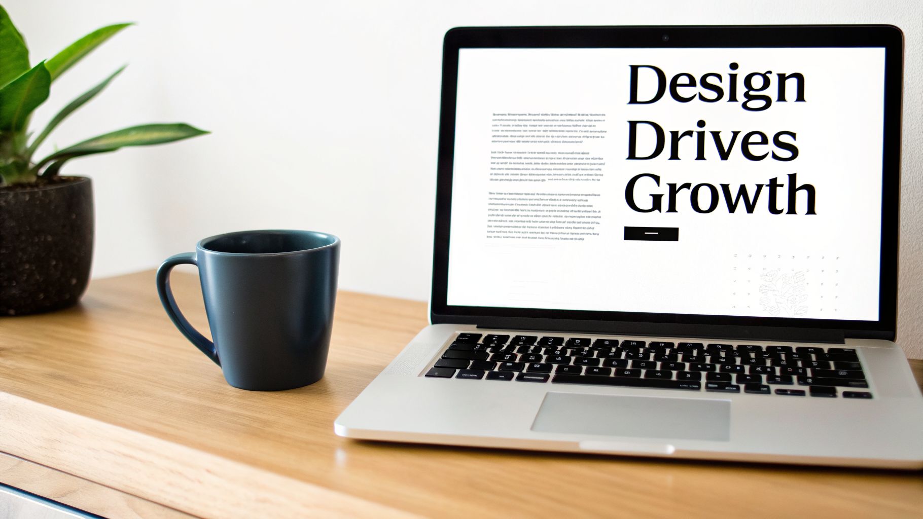 A laptop displaying 'Design Drives Growth' on a wooden desk with a mug and a plant.