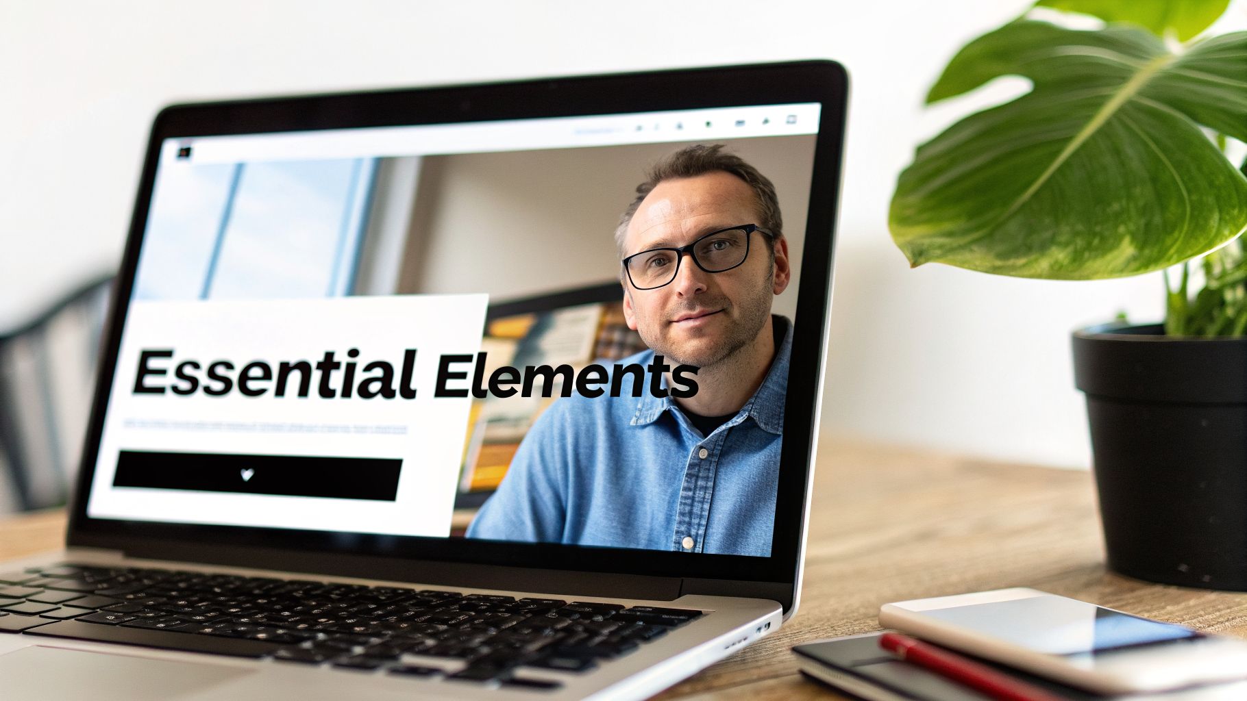 A man with glasses on a laptop screen displaying 'Essential Elements' on a wooden desk with a plant.