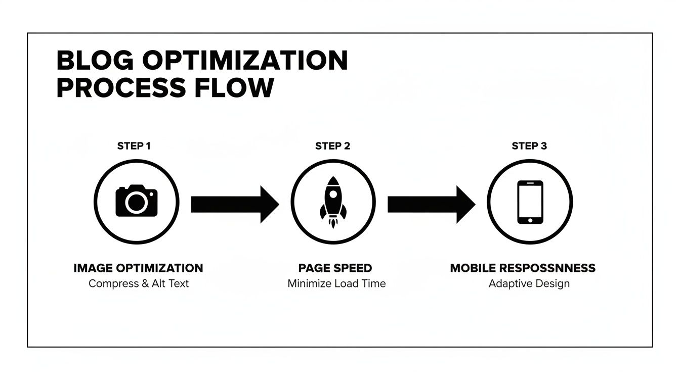 Diagram illustrating a three-step blog optimization process: image optimization, page speed, and mobile responsiveness.