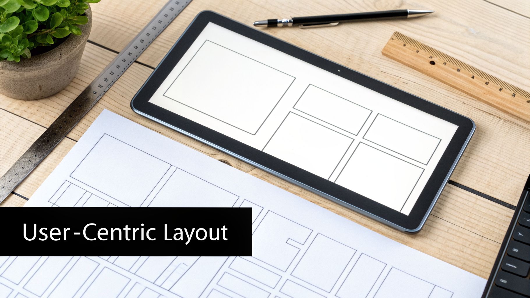 A flat lay of a tablet displaying a user-centric wireframe layout and design documents on a wooden desk.