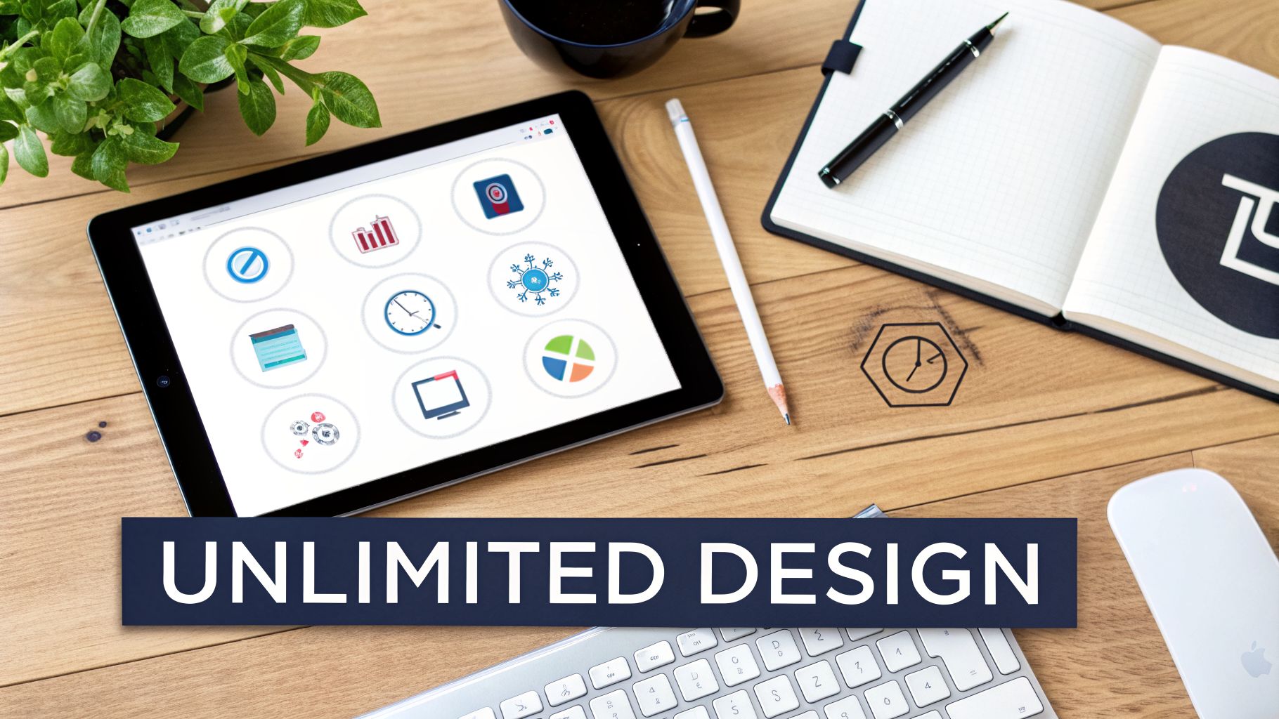 Overhead view of a wooden desk with a tablet displaying app icons, a plant, and 'UNLIMITED DESIGN' text.