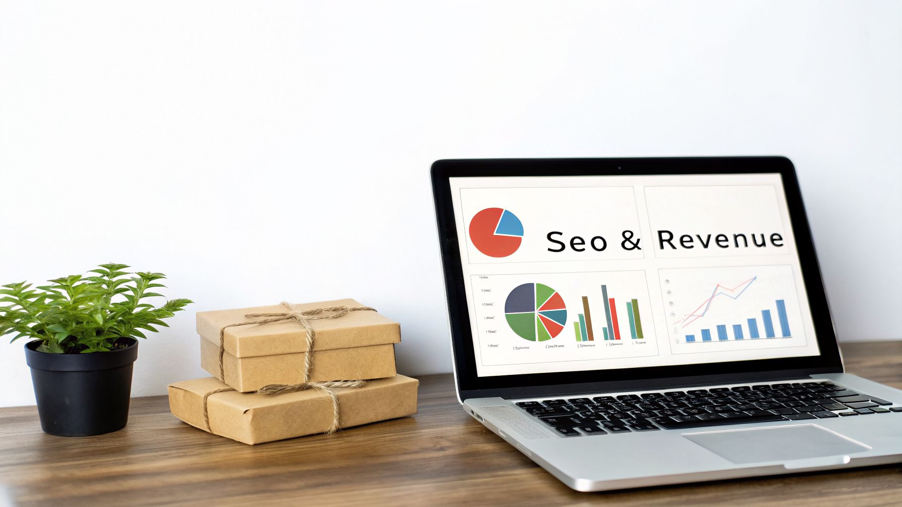 A laptop on a wooden desk displays SEO and revenue charts, next to gift boxes and a small plant.