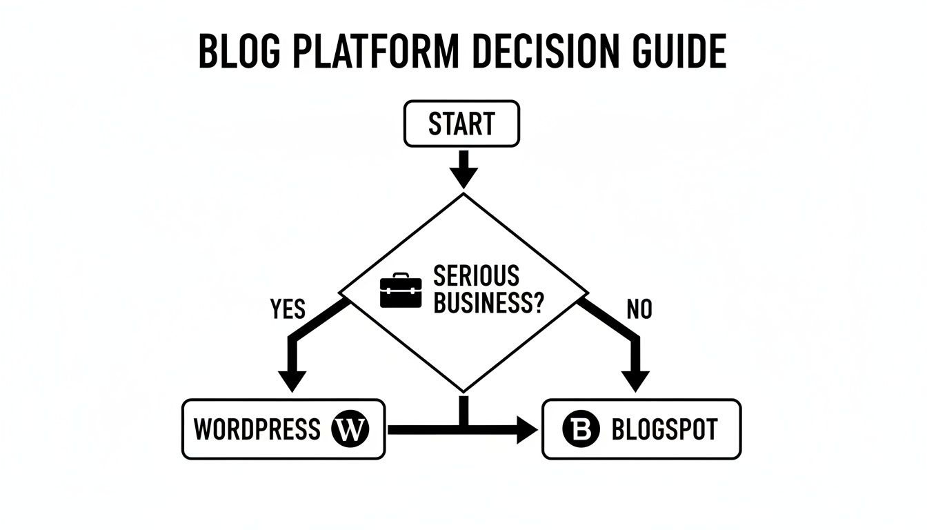 Flowchart illustrating a blog platform decision guide: WordPress for serious business, Blogspot for casual.