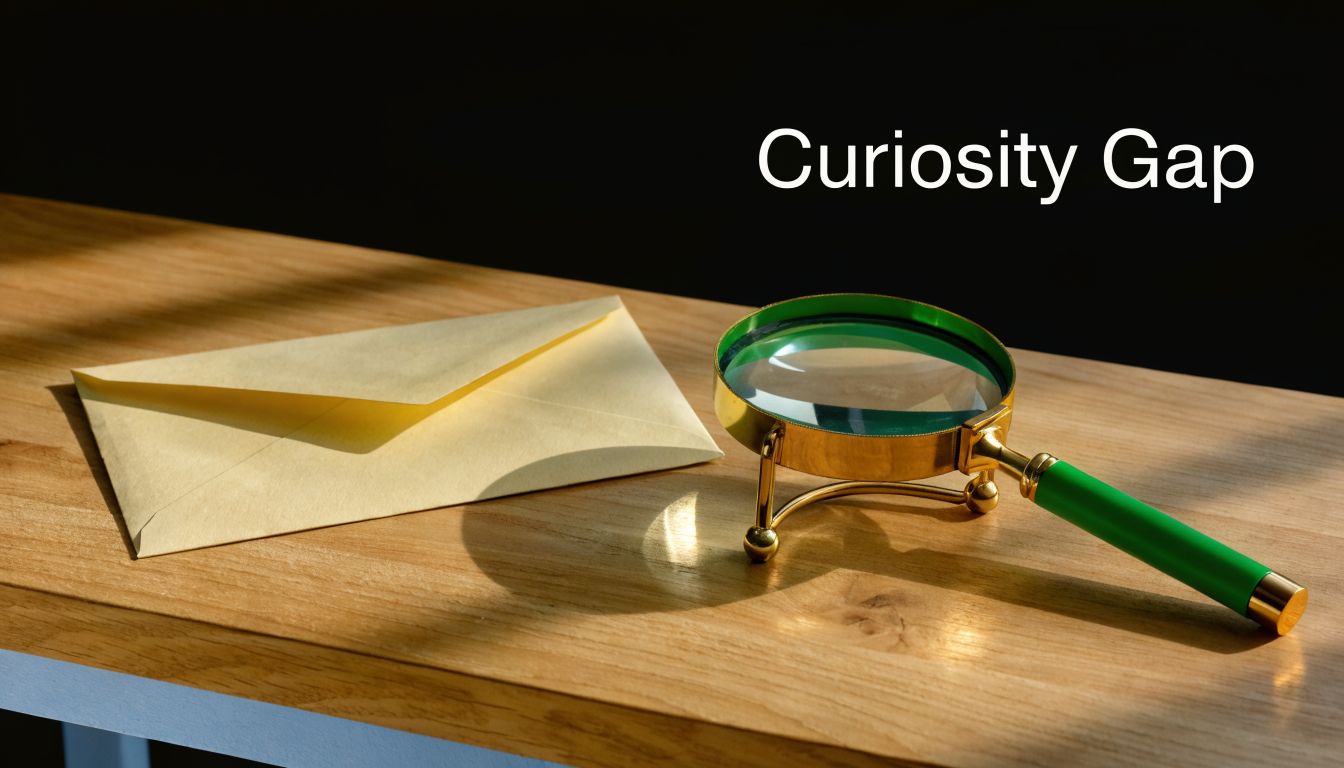 A magnifying glass and a sealed yellow envelope on a wooden table, representing a curiosity gap concept.