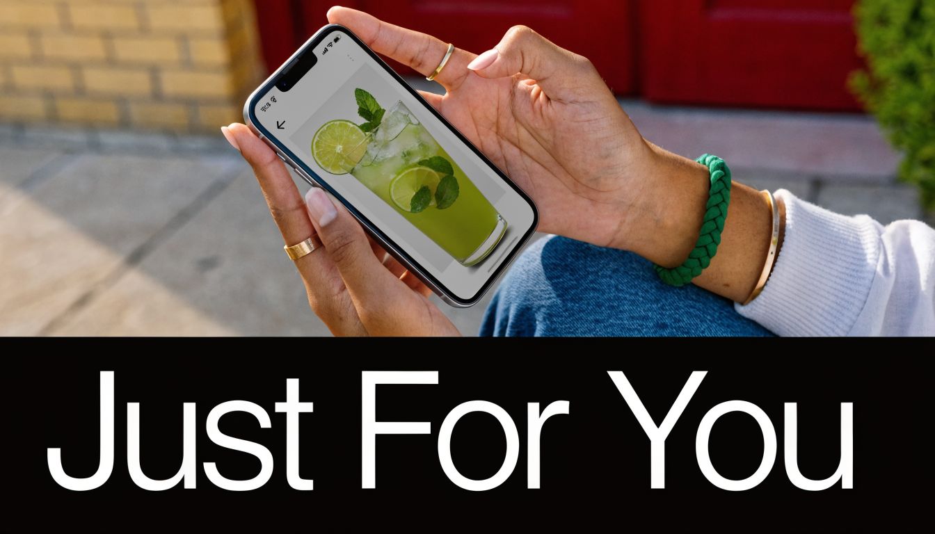 A person holding a smartphone displaying a refreshing mojito cocktail on the screen, outdoors, with Just For You text.