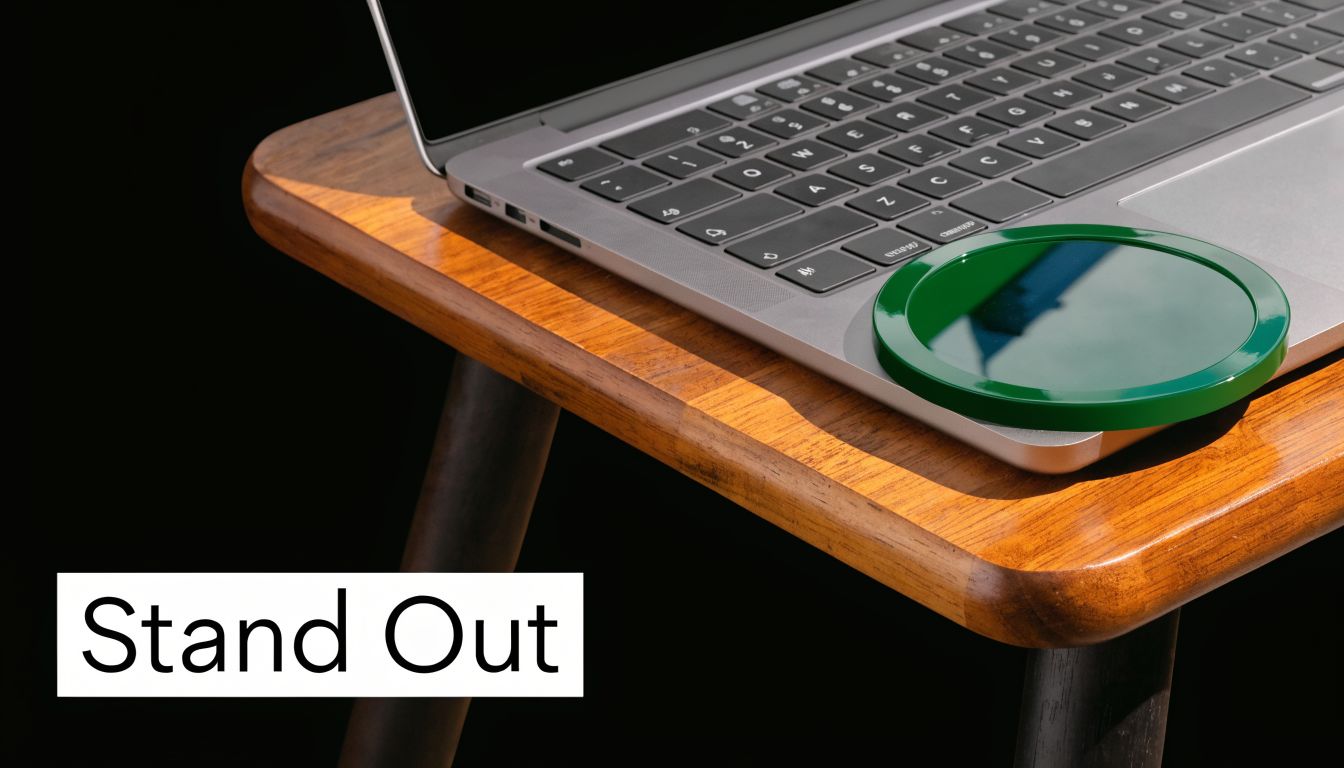 A modern laptop resting on a wooden side table with a green circular coaster placed on top.
