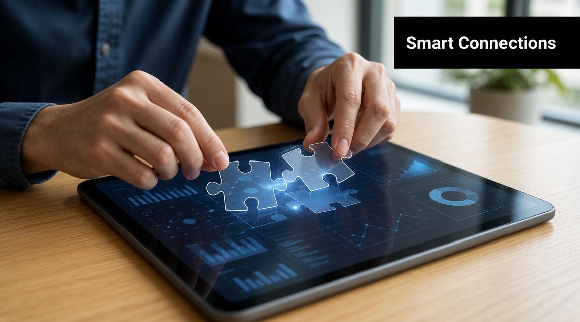 A person connecting two digital puzzle pieces on a tablet screen displaying various business data analytics charts.