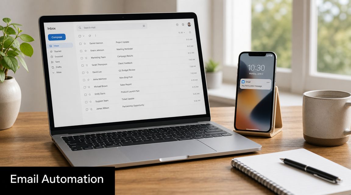 A clean desk setup with an open laptop displaying an email inbox, smartphone, and notebook.