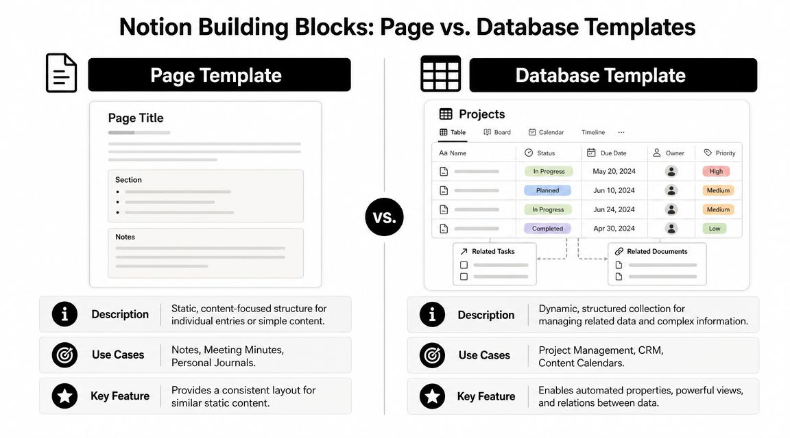 A comparison chart showing the differences between Notion page templates and database templates for content organization.