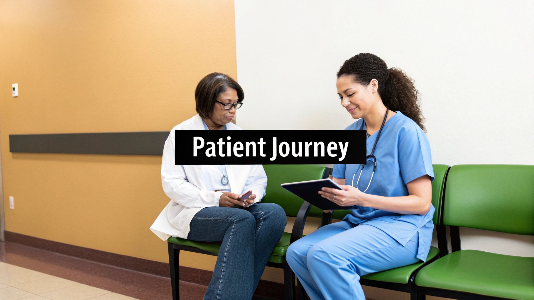 Two women, one in a white coat and one in scrubs, sit and look at electronic devices.