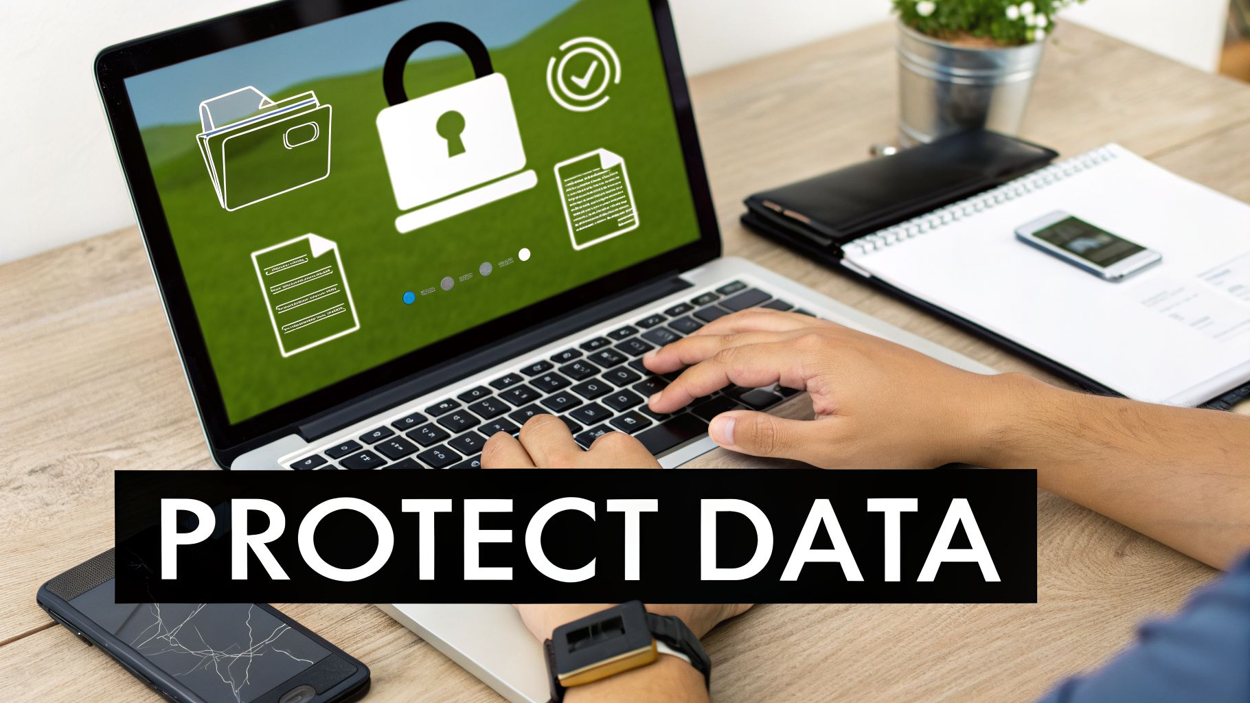 A person typing on a laptop with data protection icons on screen and 'PROTECT DATA' text overlay.