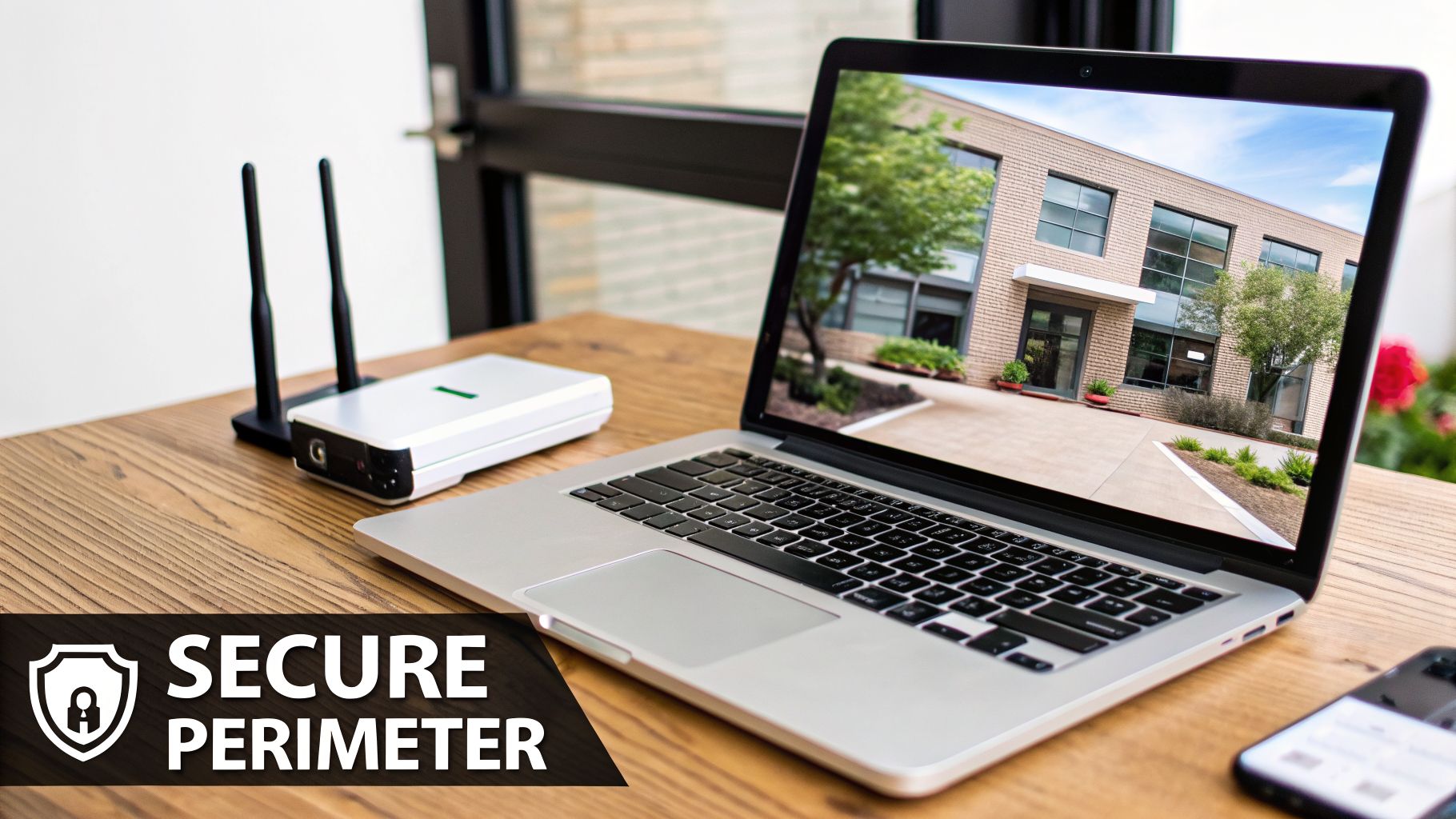 A laptop displaying a modern building, a network router, and a smartphone on a wooden desk, with 'Secure Perimeter' text.