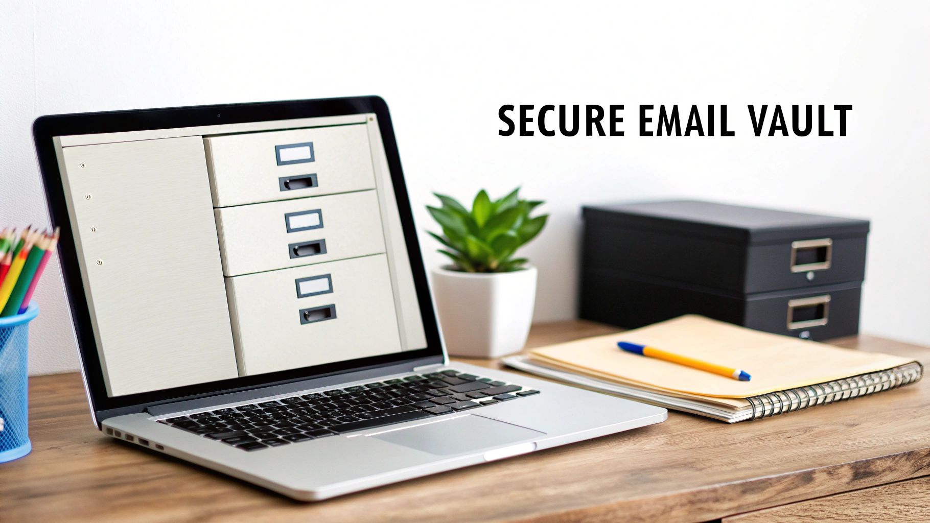 A laptop screen displays a digital filing cabinet, with 'SECURE EMAIL VAULT' on the wall, symbolizing secure data storage.