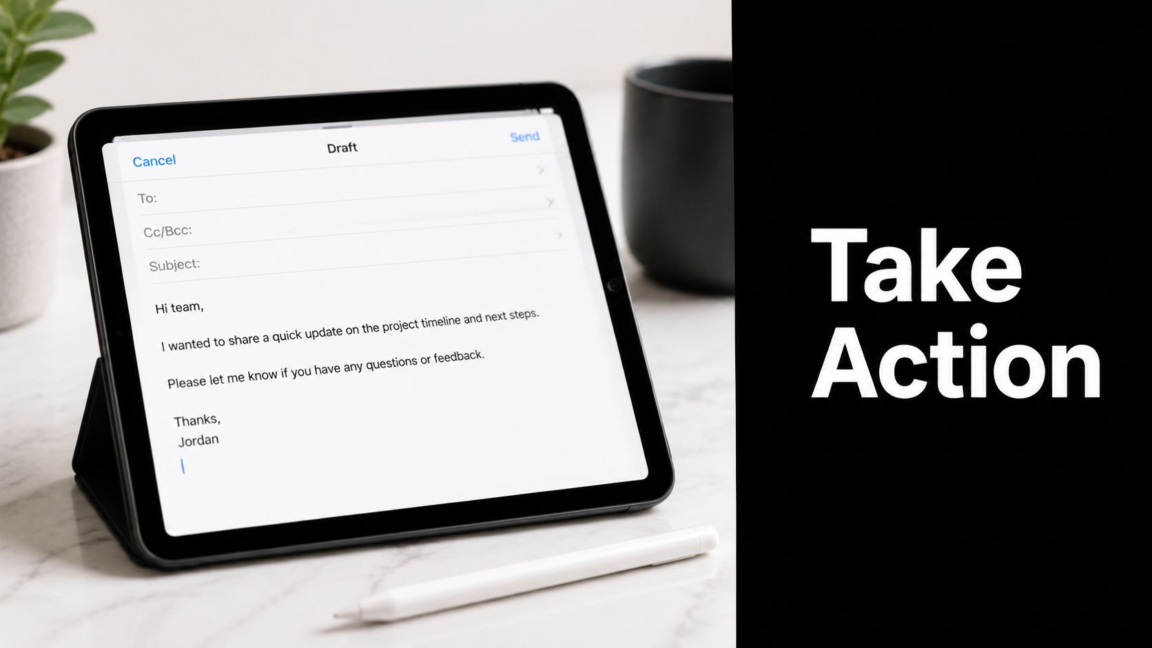 A digital tablet displaying an email draft on a white desk with a stylus pen nearby.