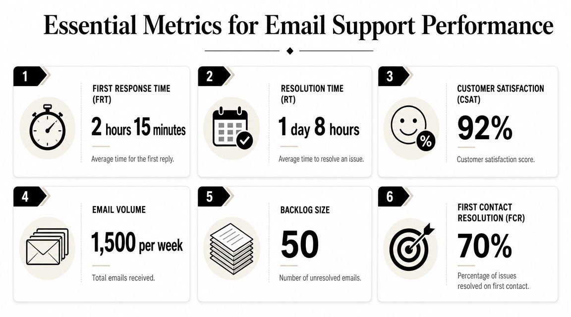 An infographic showing six essential metrics for evaluating email customer service support performance and team productivity.