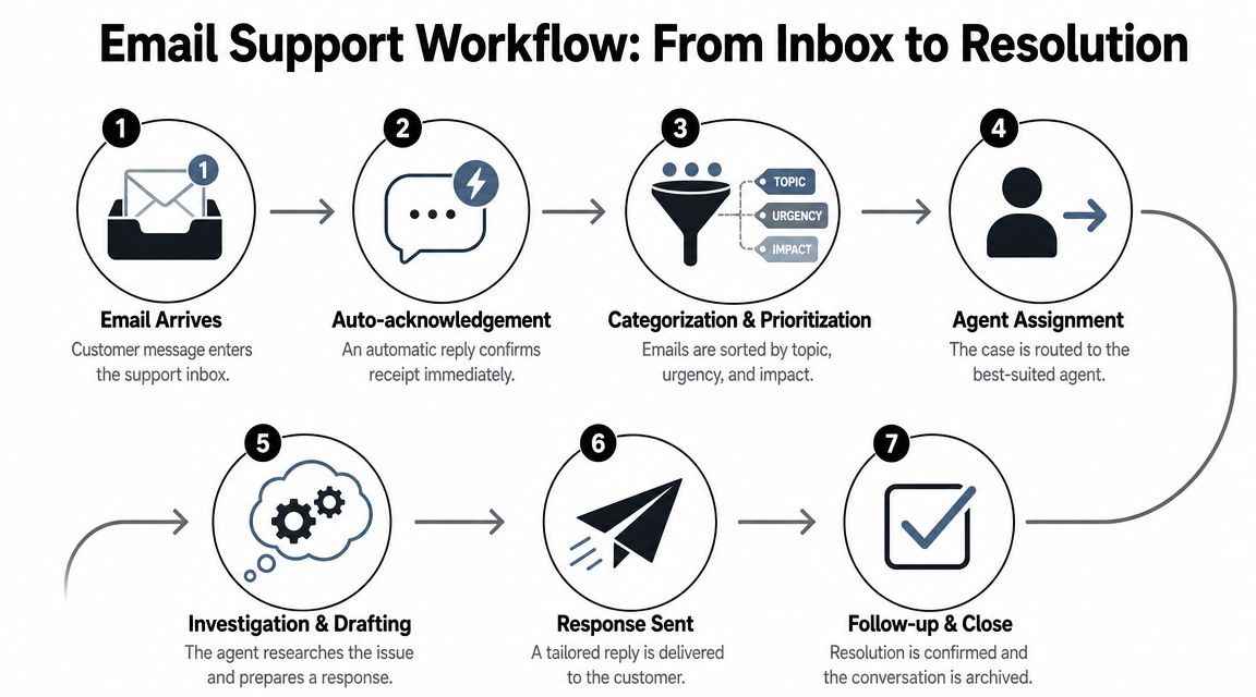 A seven-step diagram illustrating the professional email support workflow process from initial receipt to final resolution.