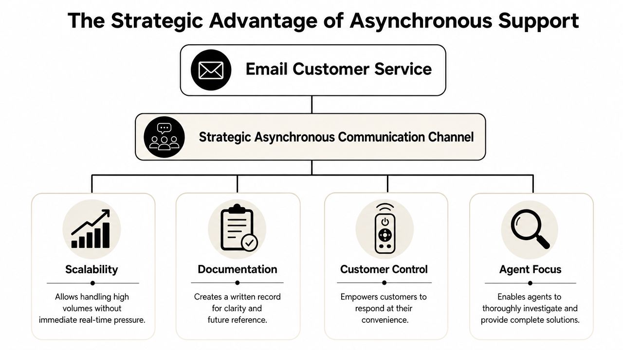 A diagram illustrating the strategic benefits of email customer service as an asynchronous communication channel for businesses.