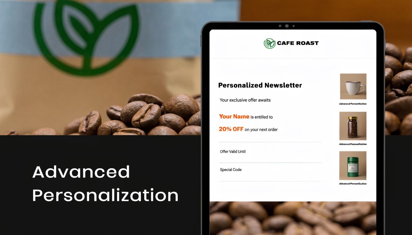 A digital tablet displaying a personalized coffee brand marketing email with discount offer and product images.