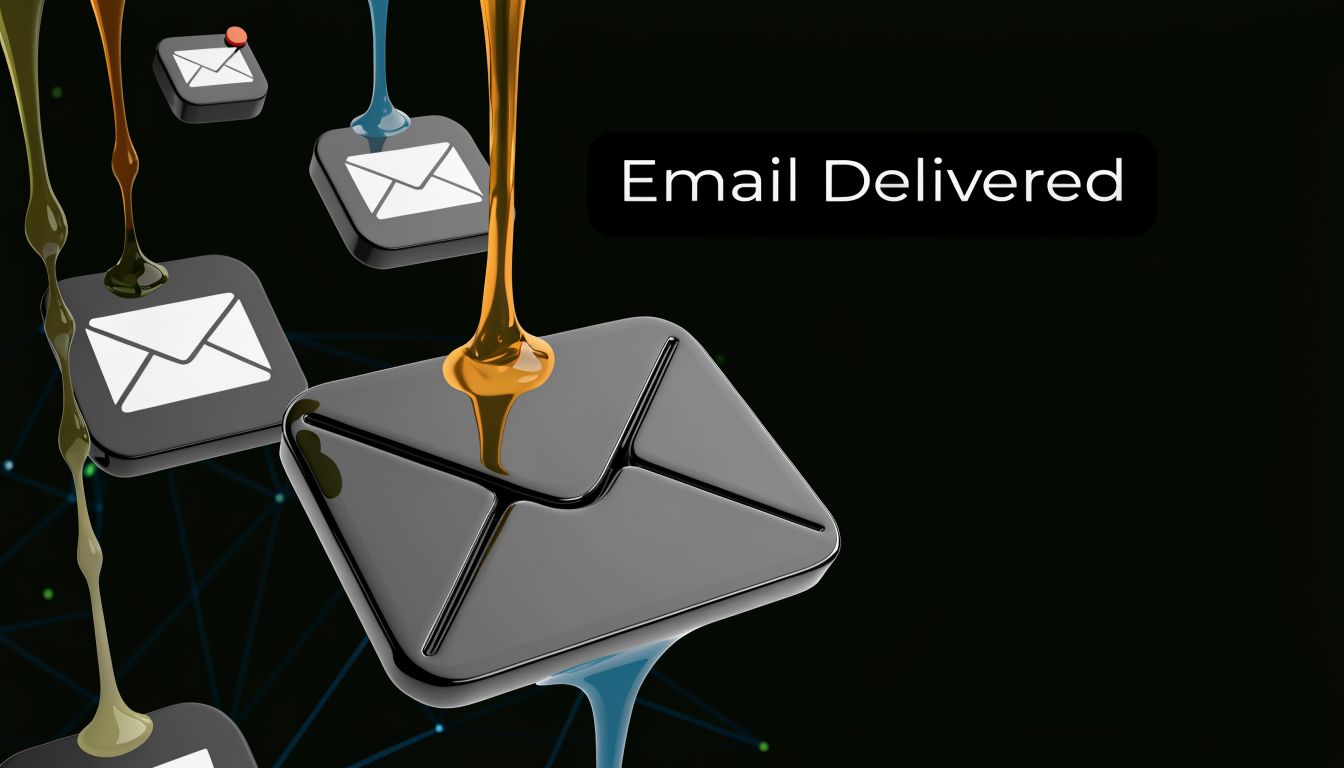Several black email icons being covered by streams of glossy golden and blue liquid.
