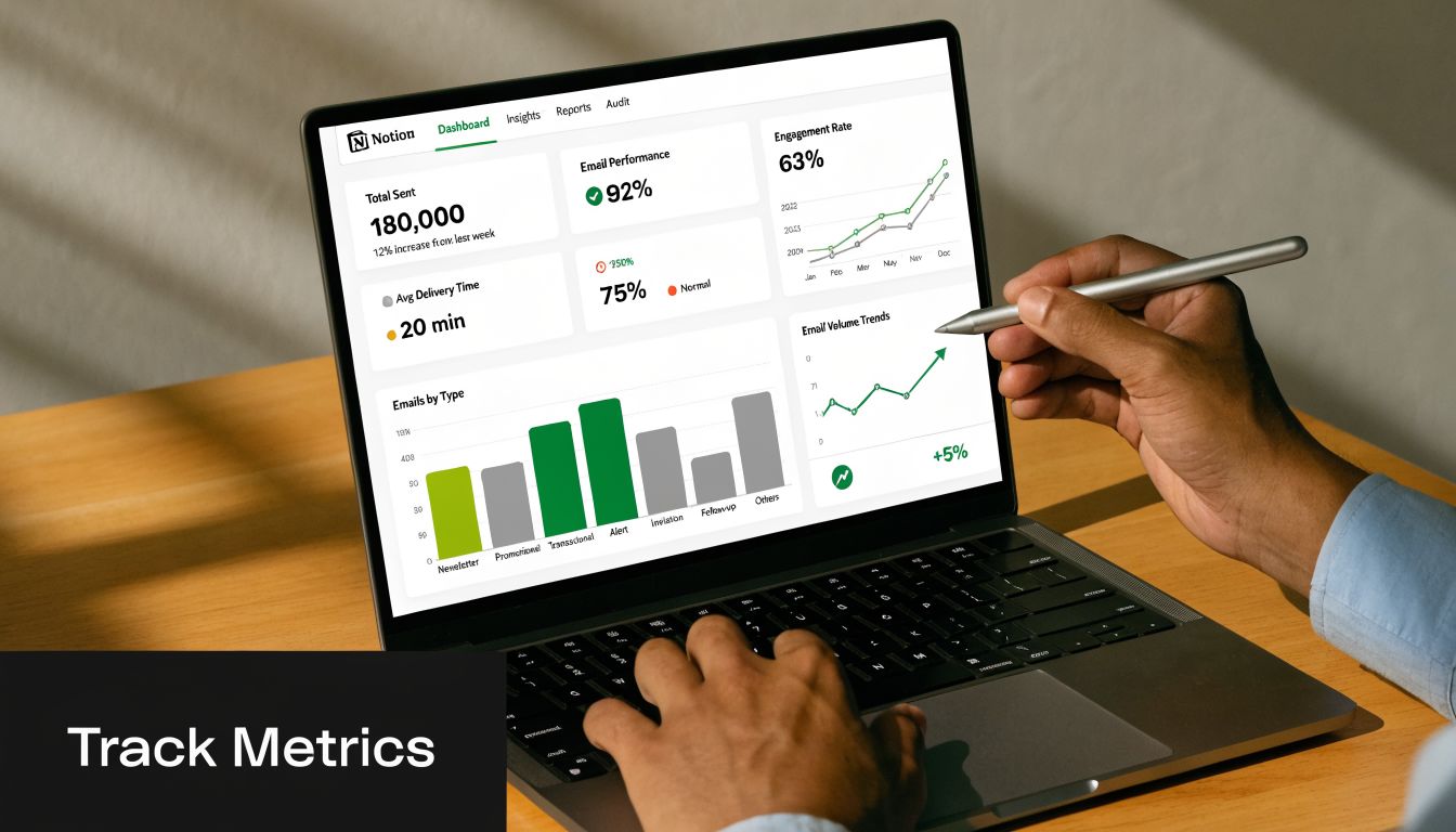 A person using a stylus on a laptop screen displaying detailed email performance analytics and business metrics.