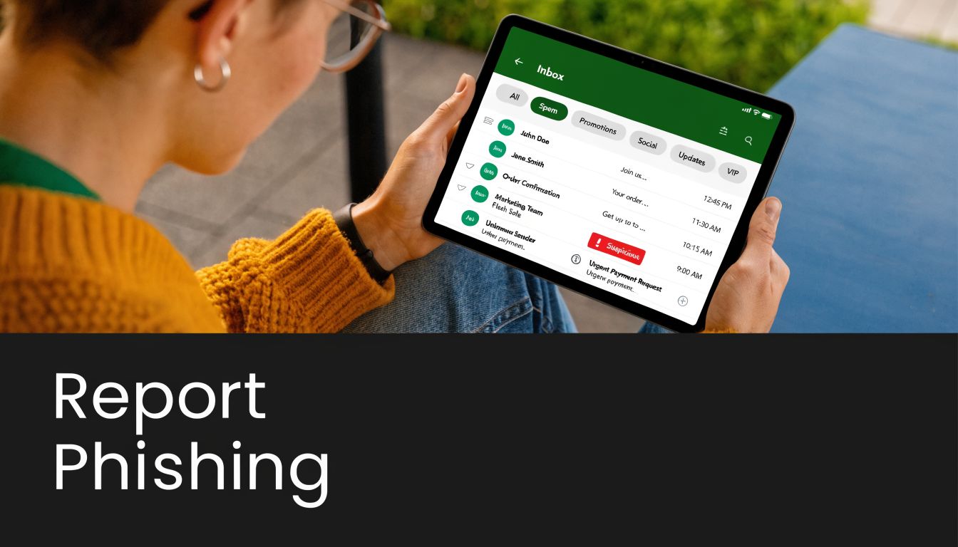 A person holding a tablet showing an email inbox with a highlighted suspicious payment request message.