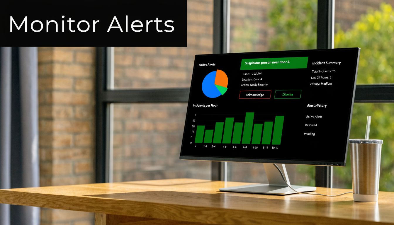 A computer screen displaying a security monitoring dashboard with incident alerts and charts on a wooden desk.