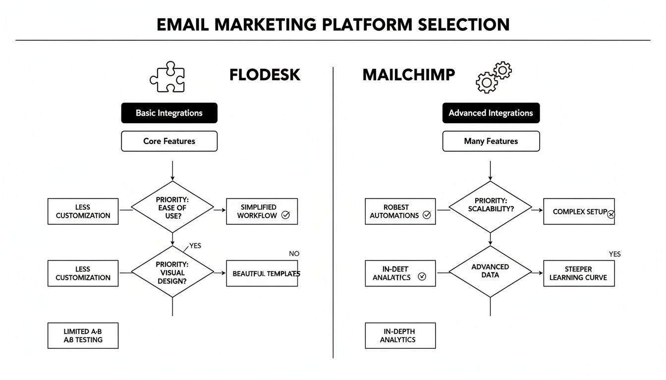 Flowchart comparing Flodesk and Mailchimp email marketing platforms, detailing features, priorities, ease of use, and scalability.
