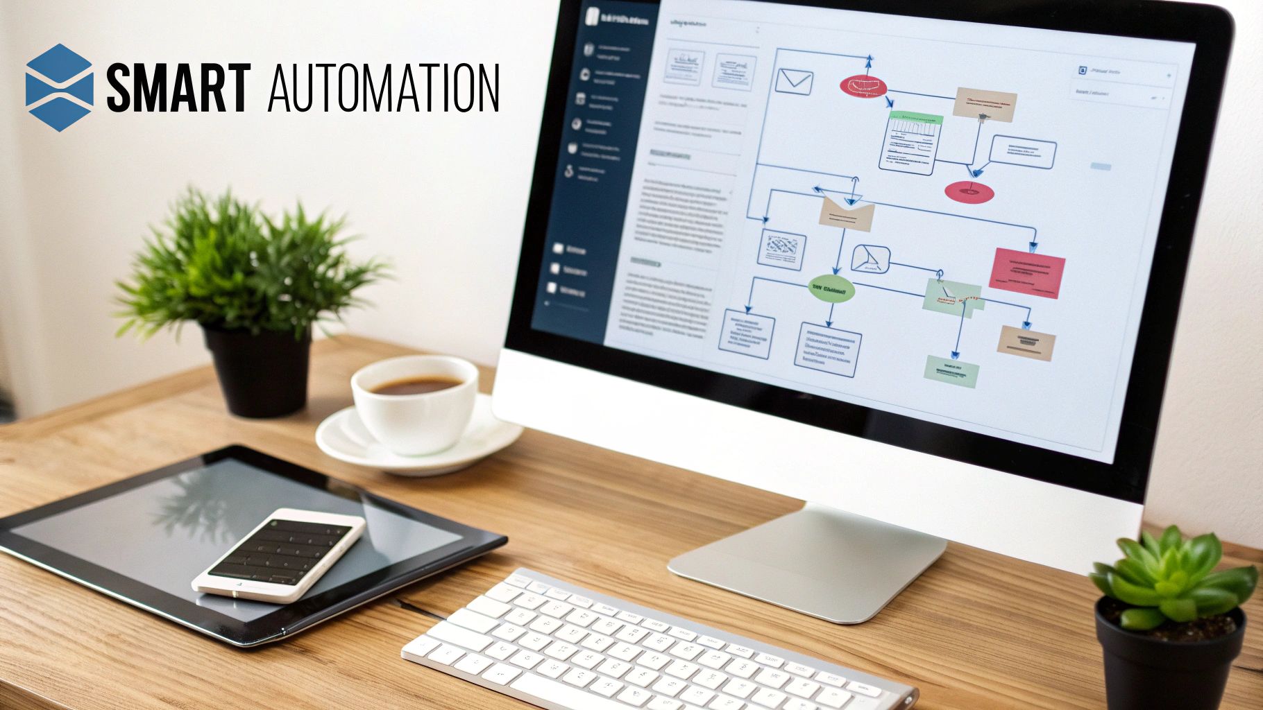A professional workspace with a computer displaying a 'Smart Automation' flowchart, tablet, phone, and coffee.