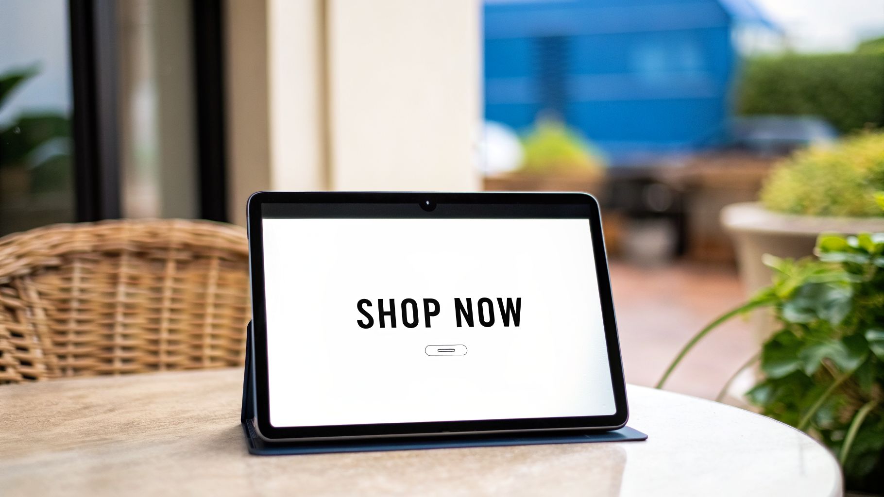 A tablet with 'SHOP NOW' displayed on a white screen, set on an outdoor table.