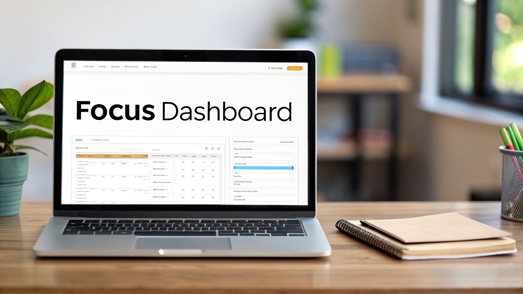 A silver laptop displaying a 'Focus Dashboard' on a wooden office desk.